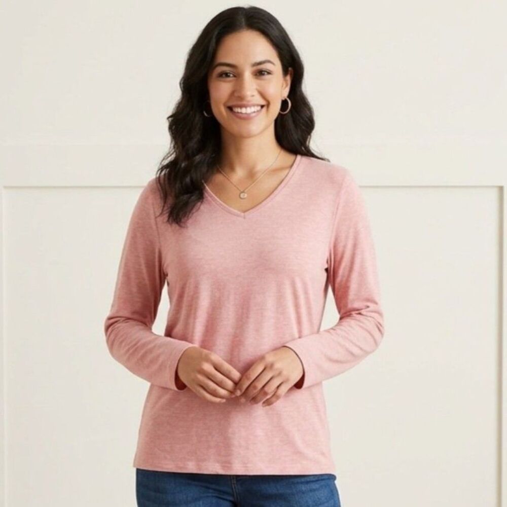 Womens XL Heather Pink V-Neck Long Sleeve T-Shirt Casual Top Extra Large